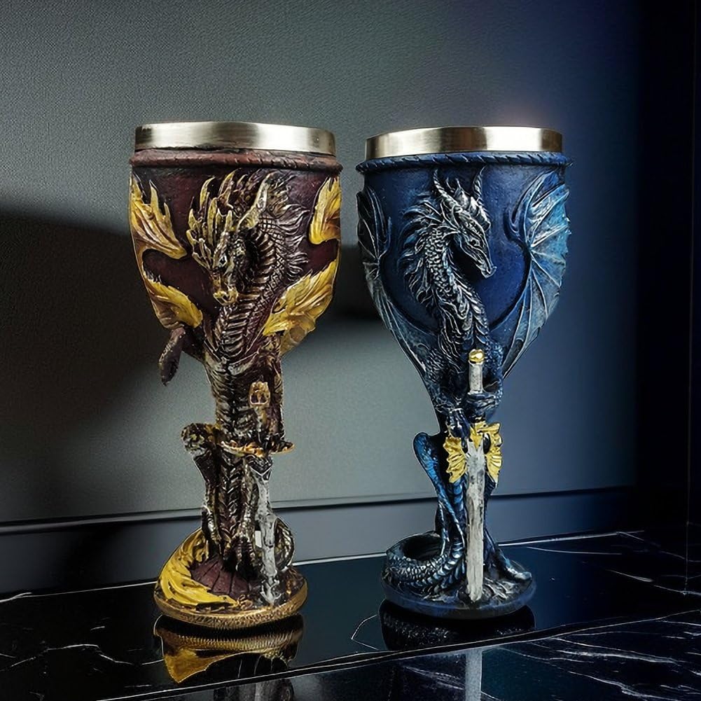 Calice Vino con Drago Fiammeggiante Medievale, 7 Once, in Acciaio Inossidabile E Resina, Calice Vino Fantasy Medievale, Regalo per Uomo, Festa del papà, Festa a Tema