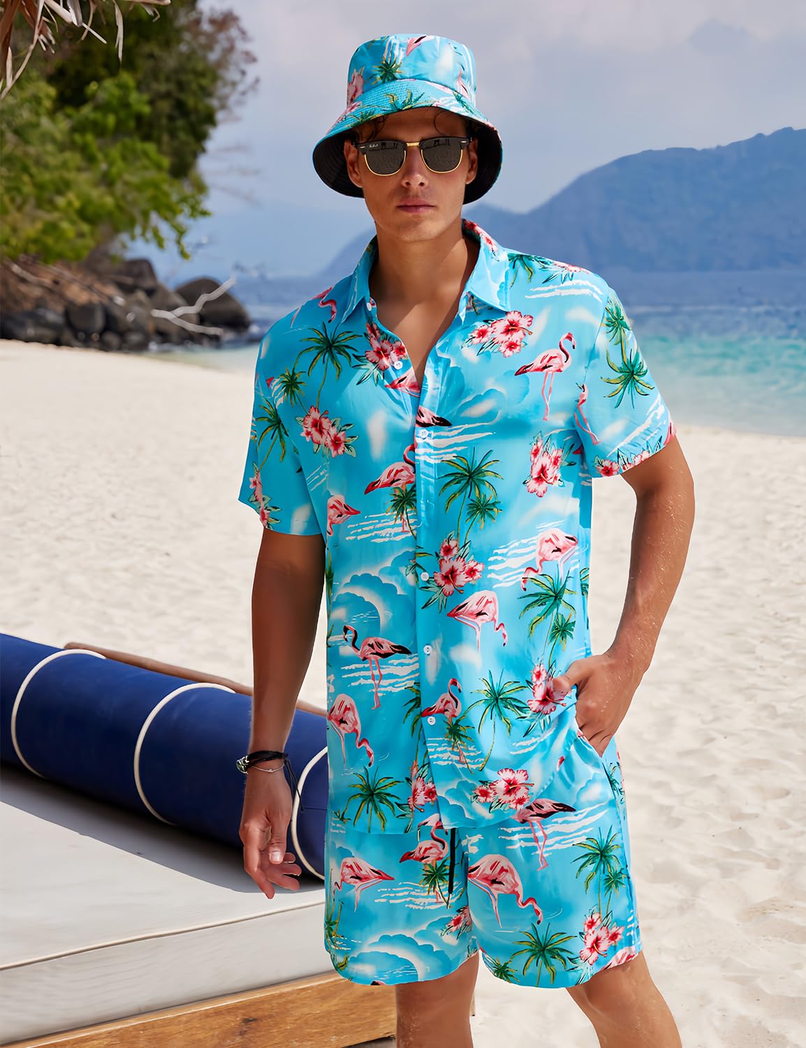 Ensemble de 2 chemises hawaïennes et shorts pour homme - Chemise décontractée boutonnée - Tenue de plage d'été avec chapeau cloche