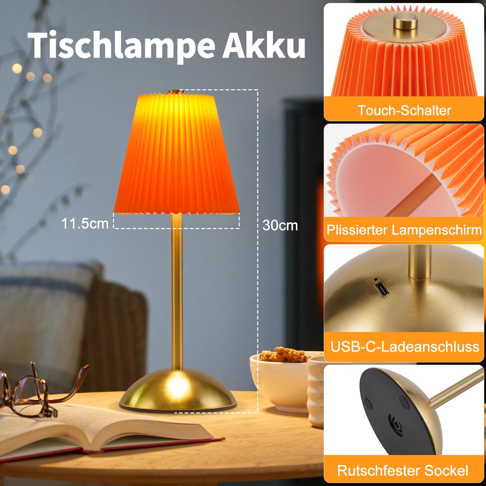 Tischlampe Kabellos Tischleuchte Akku Nachttischlampe 2er Set Touch Dimmbar