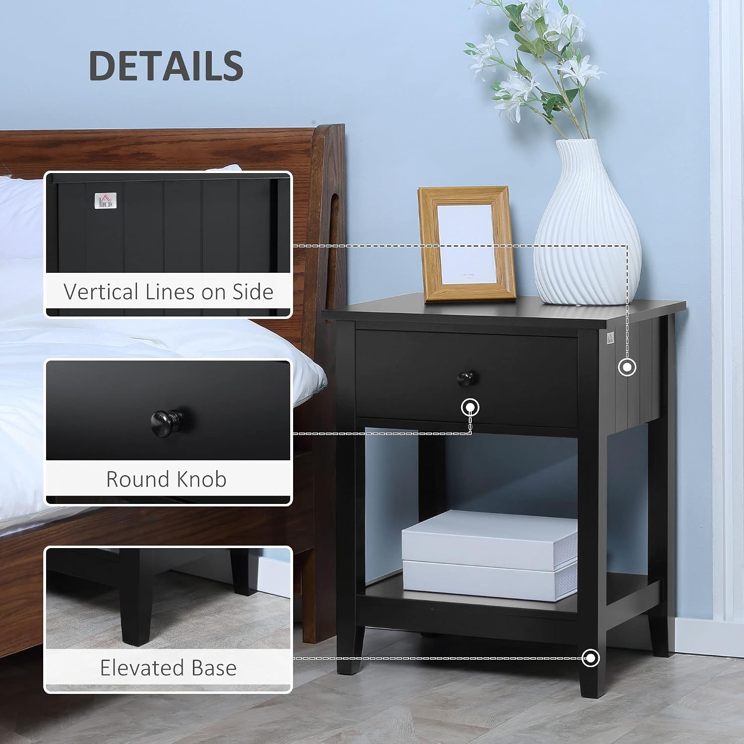 Image demonstrating the nightstand's multi-purpose use as both a side table and a nightstand.