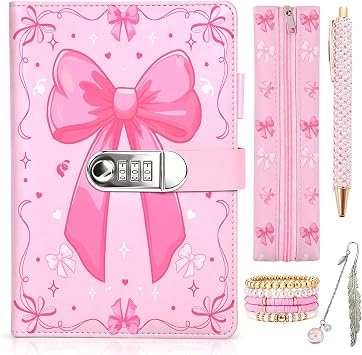 Gifts for Girls 7 8 9 10 11 12 13 14 Year Old,Diary with Lock 6PCS Girl Stuff Stationery Set Secret Diary for Girls,Back to School Birthday Presents for Girls Age 6-18 Journal Notebook Pen Pencil Case