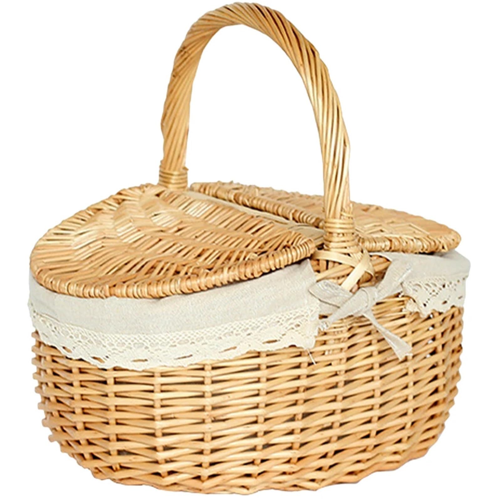 Wicker Picnic Fruit Basket With Lid Snack Storage Hamper Handmade Willow Woven Bread Outdoor Camping Food Contain(35.00X24.00X17.00CM)
