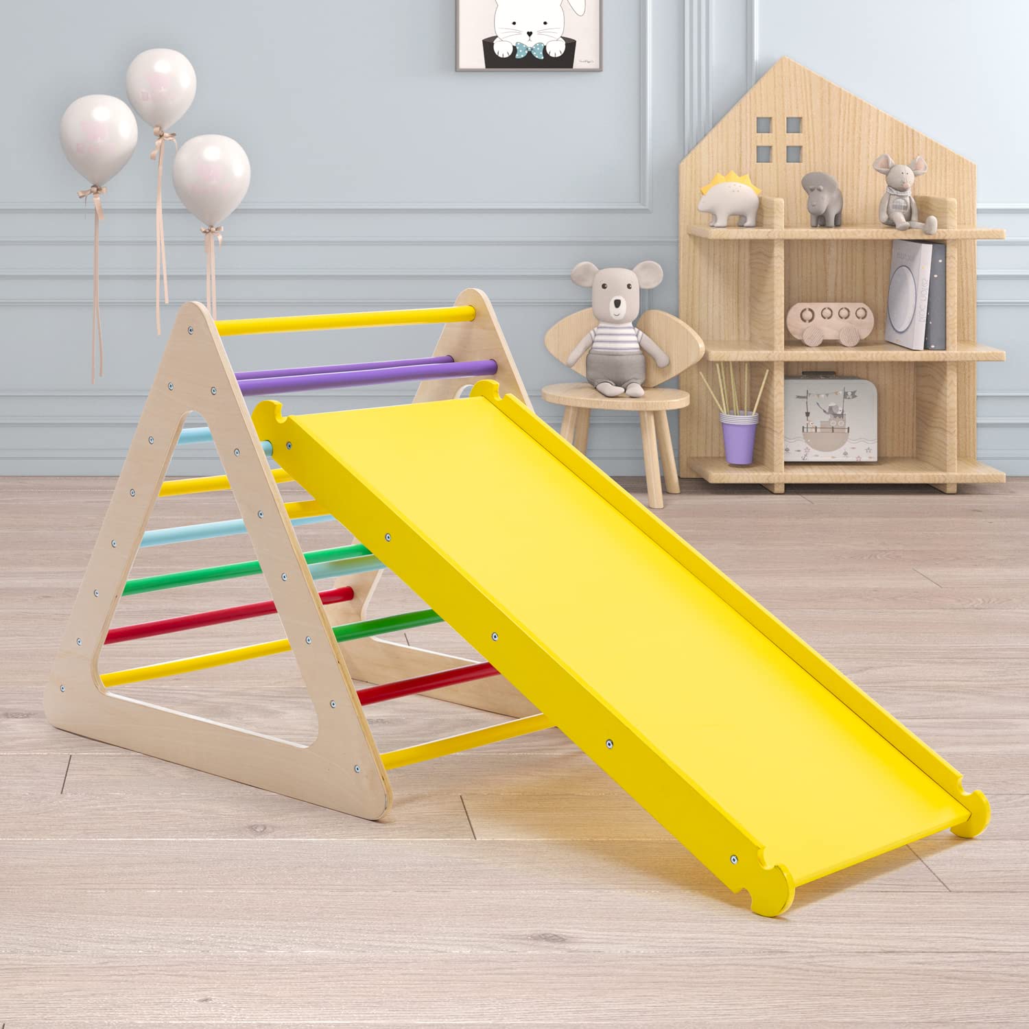 Wonline 3 in 1 Triangle Climber with Ramp Wooden Toddler Climbing Triangle Toys for Sliding and Climbing, 3-Piece Set Play Equipment for Kids Boys Girls Toddler Gym Play Set