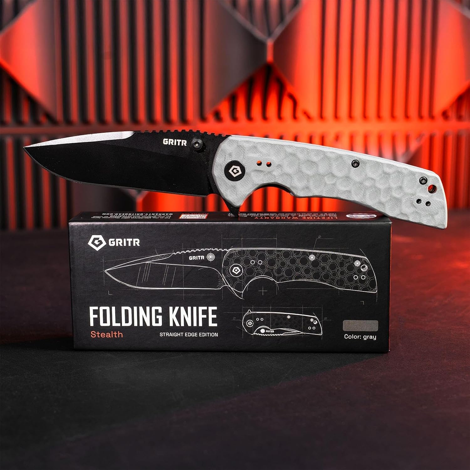 GRITR Stealth Folding Pocket Knife w/ 3.5" D2 Steel Blade for Military, Hunting, Camping, Hiking – Gray Handle, Non-Serrated Blade with Stonewashed Finish