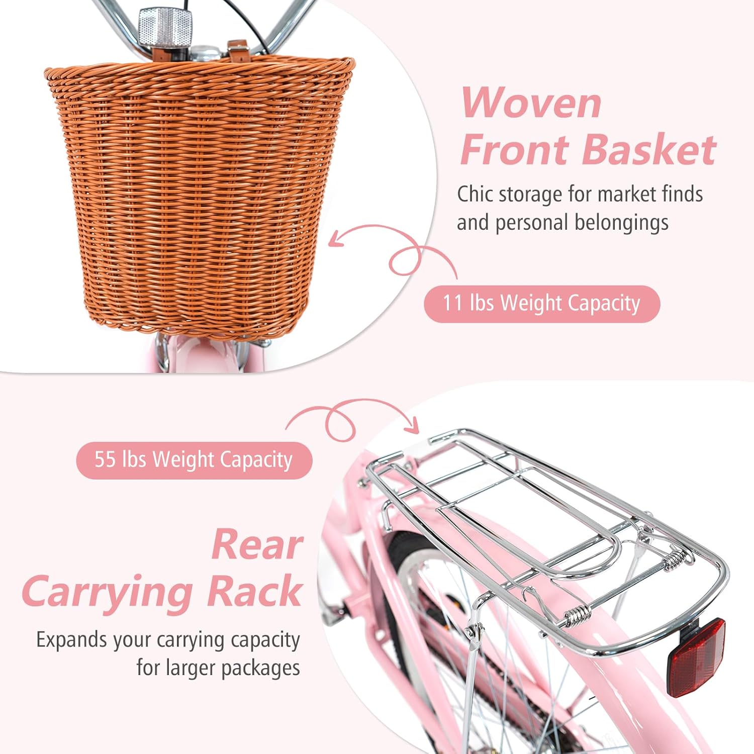 GYMAX Beach Cruiser Bike for Adults, 24/26 Inch Commuter Bicycle for Women with Rattan Basket, Ergonomic Low Step-Through Frame, Rear Rack & Adjustable Seat, City Bike Cruiser Bicycle
