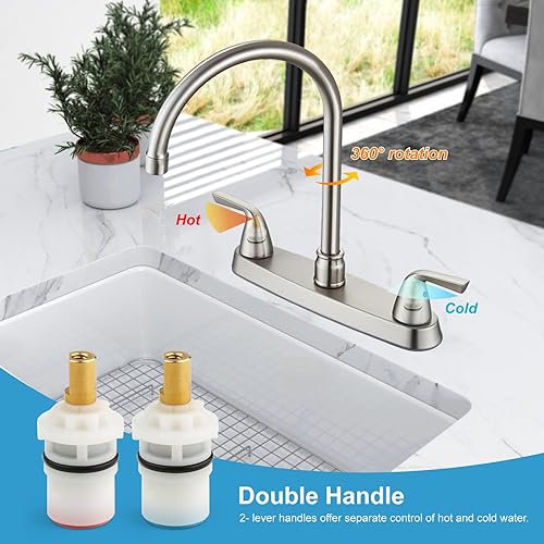 Miniatura 8 de Cinwiny Grifo de cocina de 8 pulgadas, juego central de grifos de fregadero de cocina, 2 manijas, arco alto, boquilla giratoria de 360 grados, con