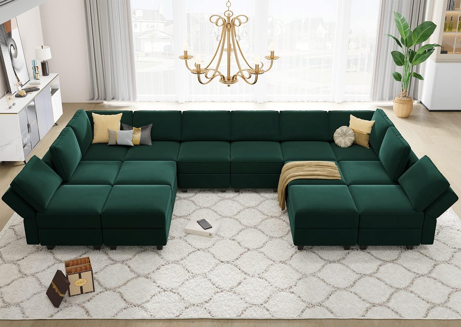 Belffin Oversized Modular sectional Sofa with Double Chaises U Shaped Sectional Sleeper Sofa Couch Reversible Sectional with Storage Velvet Green
