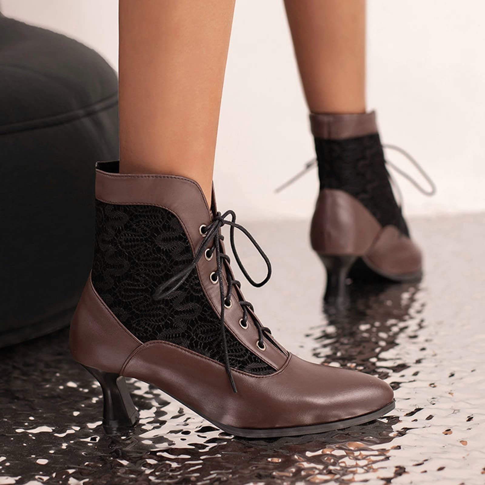 Botines de mujer de invierno elegantes de encaje con puntera hueca cómoda con cordones delanteros