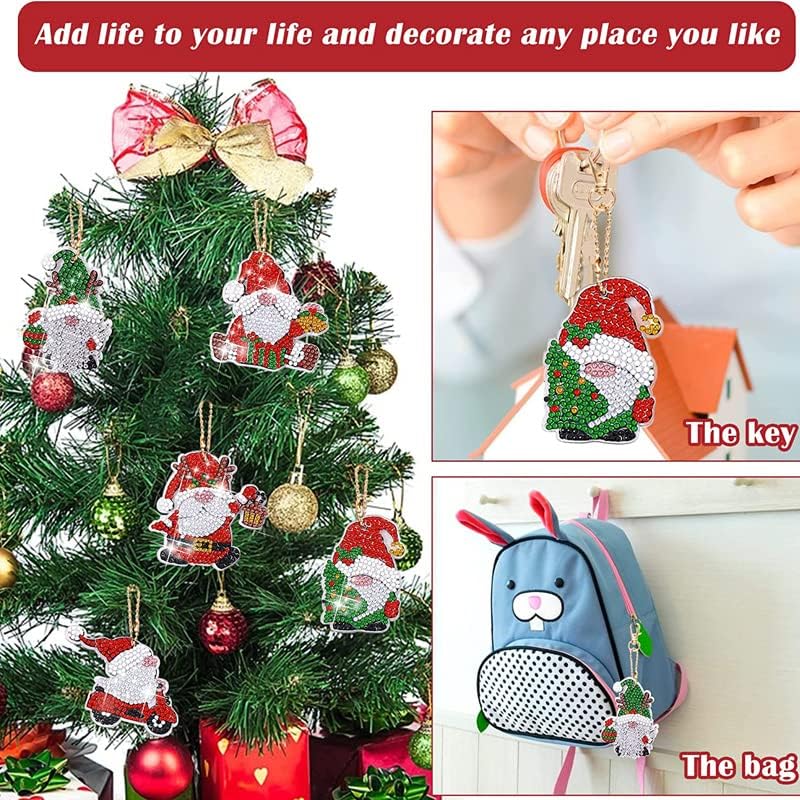 hardinox 12 Pcs Christmas DIY Diamond Painting Keychain, Santa Claus 5D Full Drill Diamond Painting Keyring, Christmas Decorative Rhinestone Painting Pendant Kits for Children
