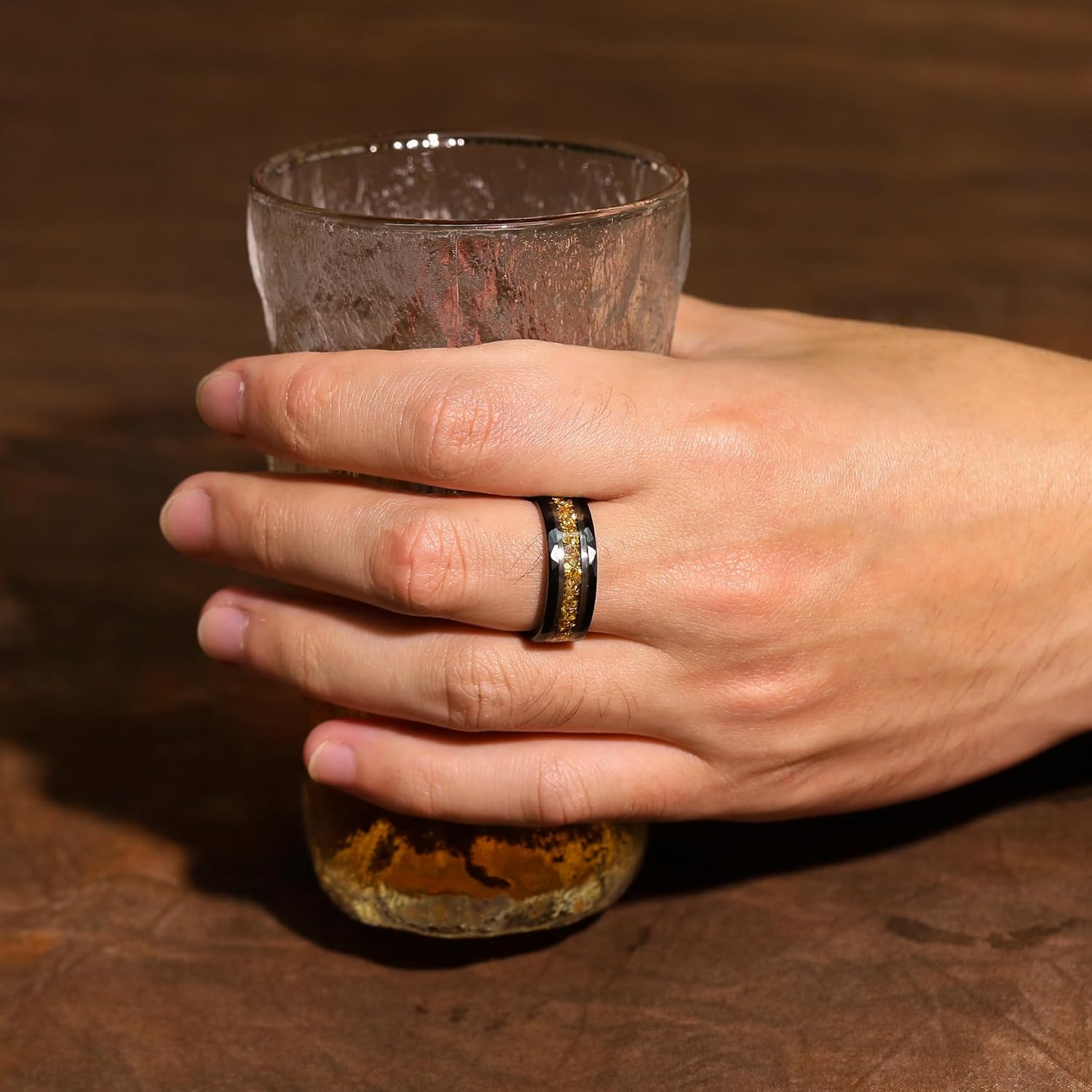 8mm Mens Black Gold Plated Tungsten Wedding Bands Rings Hammered Synthetic Aquamarine Anniversary Rings for men March Birthstone Promise Rings for Him Size 7-14 - Image 3