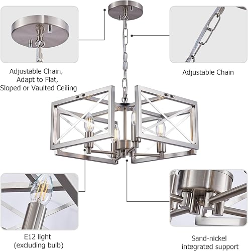 Miniatura 4 de Szleomay Candelabro moderno de níquel cepillado, 4 lámparas de araña para comedor con marco cuadrado de metal, altura ajustable, accesorios de