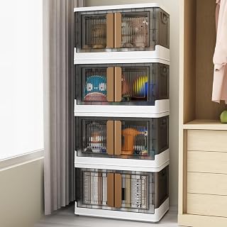 V6 Stackable Storage Bins with Lids and Wheels, 8.4Gal Collapsible Closet Organizers and Storage, 4Pack Foldable Storage Box with Doors, Kitchen Bathroom Organizer and Storage, Book Shelves