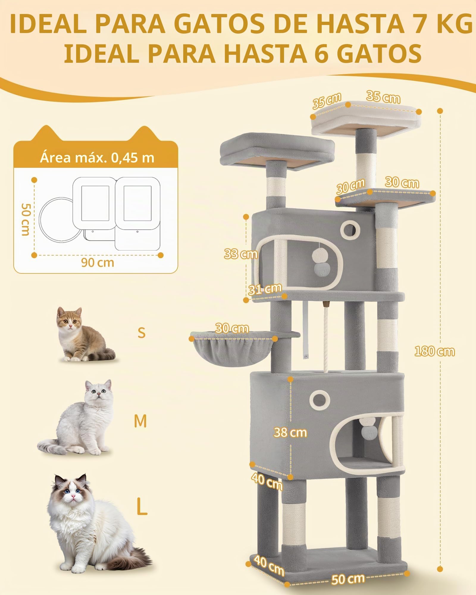 Hzuaneri Árbol para Gatos de 180 cm con 8 Postes Rascadores, 3 Plataformas, 2 Cuevas, Cesta, Bolas de Peluche y Cuerda de Sisal, Apto para Gatos de Todos Los Tamaños, Gris Claro MS18018LG
