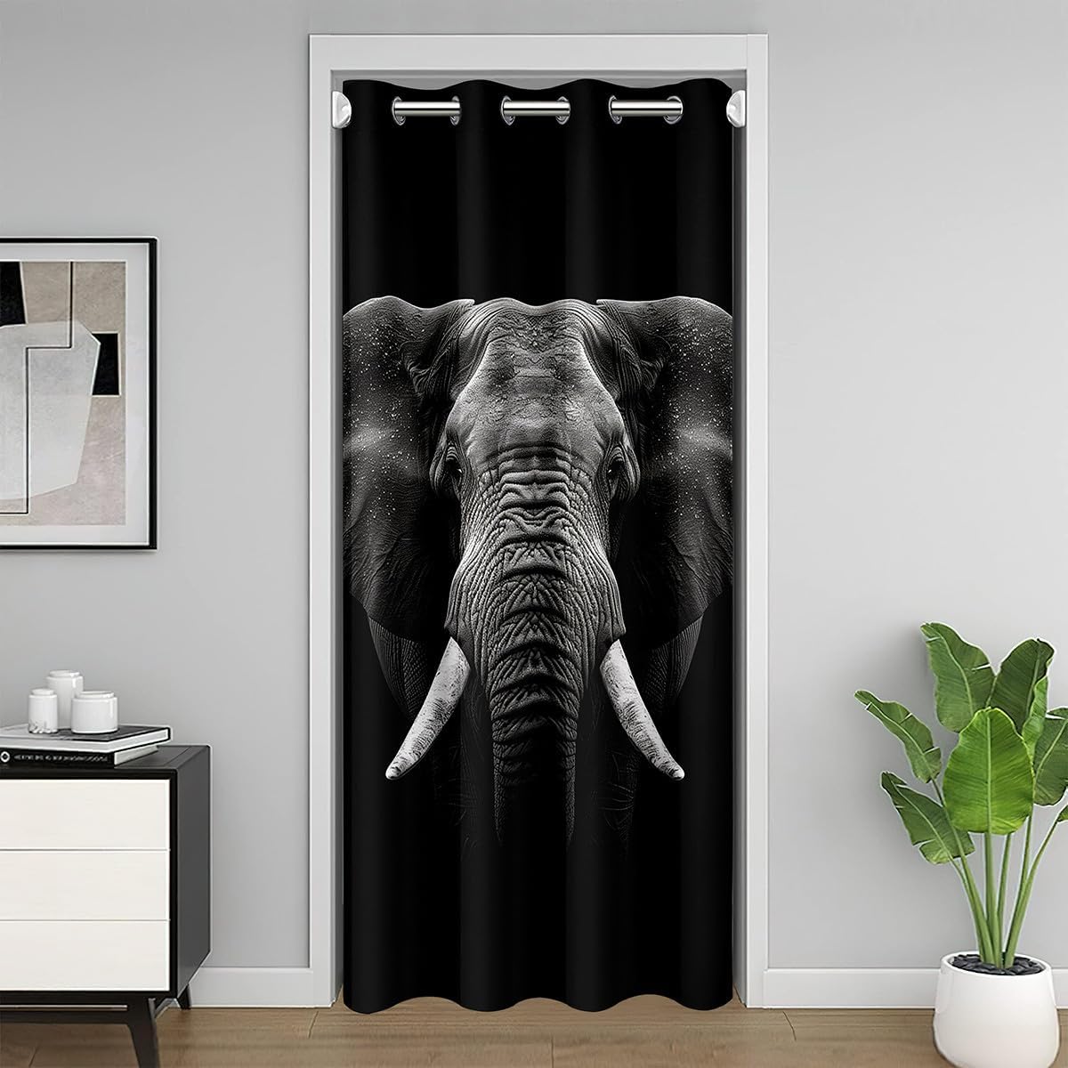 Elephant Door Curtain for Doorway Privacy 34"x80" 3D Wild Animal Pattern Window Treatments Home Decor Ethnic Elephant Print Black 30%-50% Room Darkening Blackout Curtains for Couch Living Room Bedroom