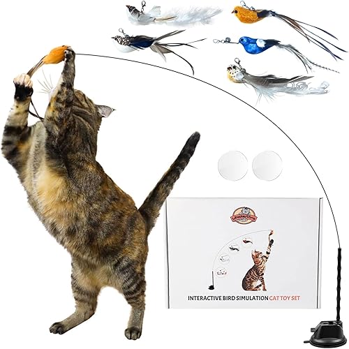 Whiskertons Juego de juguetes interactivos de simulación de pájaros, juguetes interactivos para gatos de interior, juguete de plumas de gato, base
