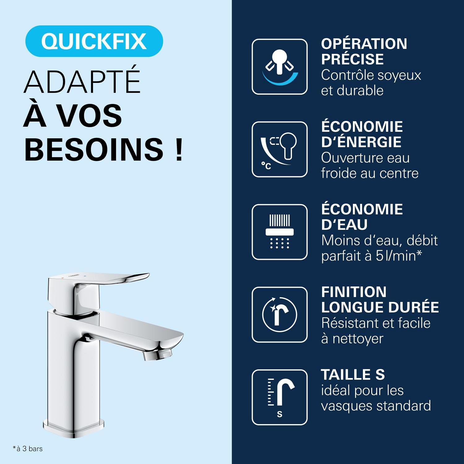 GROHE Dice Mitigeur monocommande Lavabo Taille S (Robinet pour Lavabo de Salle de bain, Avec bonde clic clac, facile à installer avec QuickTool inclus, Economie d'eau), Chrome, 1018610000