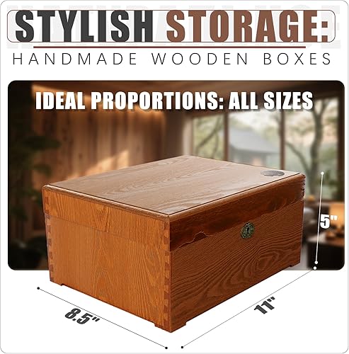 Miniatura 2 de Caja de recuerdos de madera con cerradura con tapa con bisagras, caja de recuerdo decorativa de madera de fresno (11 x 5 x 8.46 pulgadas), juntas de
