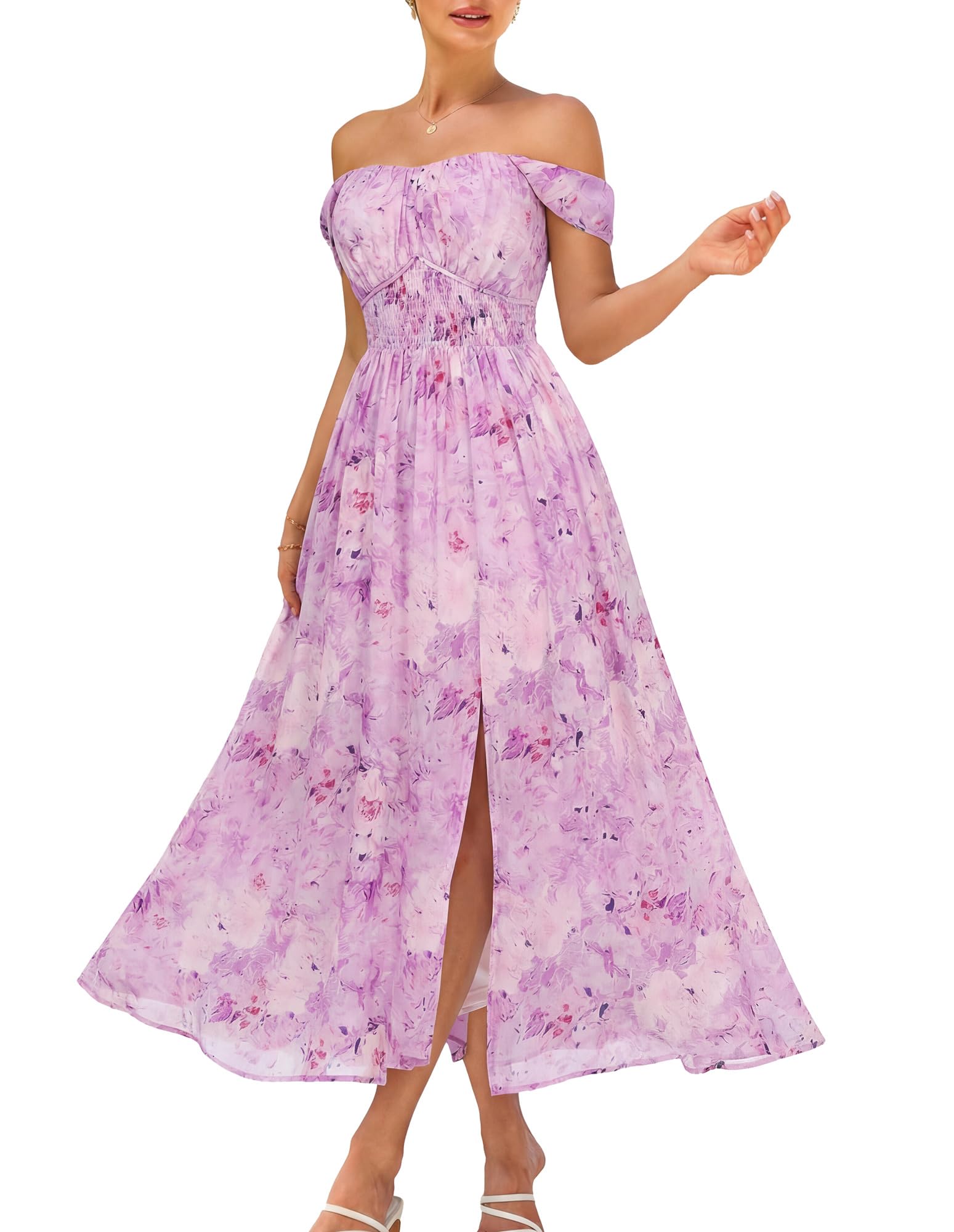 GRACE KARIN 2026 Women's Summer Floral Wedding Guest Dress,Beach Flowy A Line Maxi Off Shoulder Bridesmaid Dresses