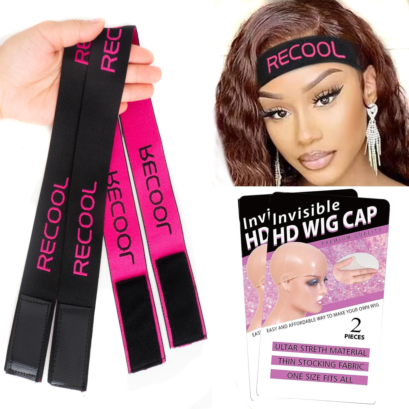 RECOOL 4 Pieces HD Wig Caps with 2 Elastic Bands for Women,Stretchy Nylon Wig Cap,Wig Caps for Women Lace Front Wig Stocking Caps for Wigs(4 PCS HD Wig Caps + 2 PCS Hair Band)