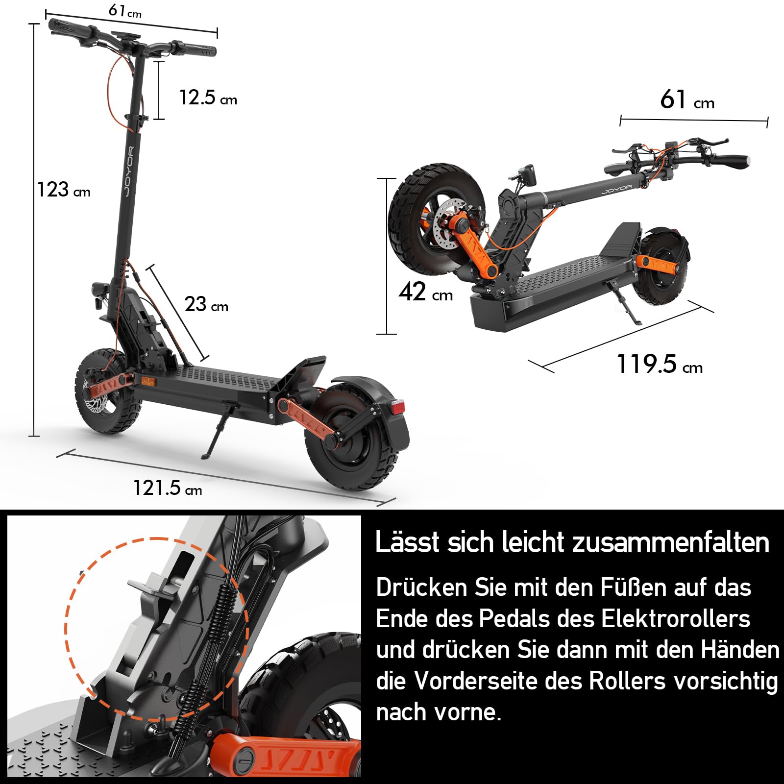 JOYOR Elektroroller S-Serie, Escooter 48/60V 13/18/26Ah Reichweite 40-100Km, Mechanisches/Hydraulisches Bremssystem und Doppelte Stoßdämpfung, Faltbarer E Roller mit 10" Reifen