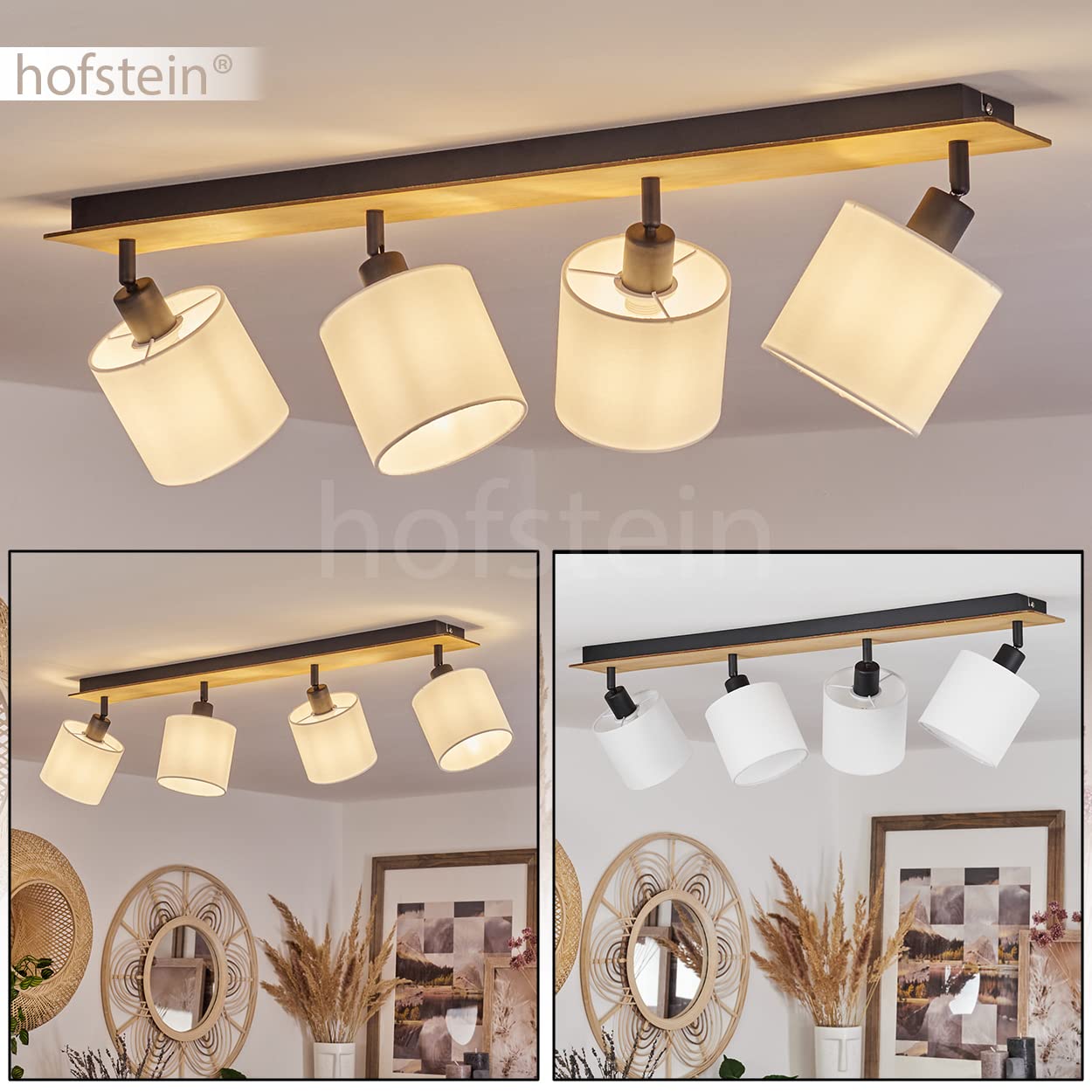Plafonnier Alsen, plafonnier moderne en bois/métal/tissu naturel/noir/blanc, luminaire au design scandinave avec abat-jour orientable, 4 flammes, 4 x E14, sans ampoules