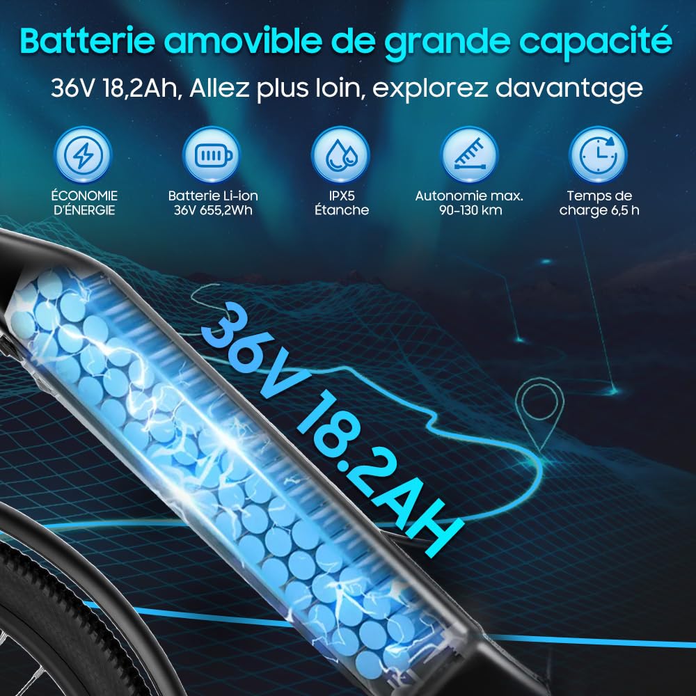 Vélo électrique 26T1 - 26 pouces - Batterie amovible 36 V 18,2 Ah - Moteur 250 W - Écran LCD - 7 vitesses - Autonomie 90-130 km - 25 km/h - Étanchéité IPX5 - Pour adultes