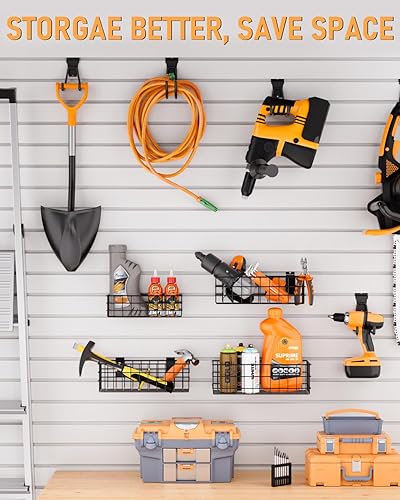 Miniatura 7 de INCLY Juego de 4 cestas negras de pared de listones de metal, para colgar en la pared, accesorios montados para garaje, tiendas, almacenamiento,