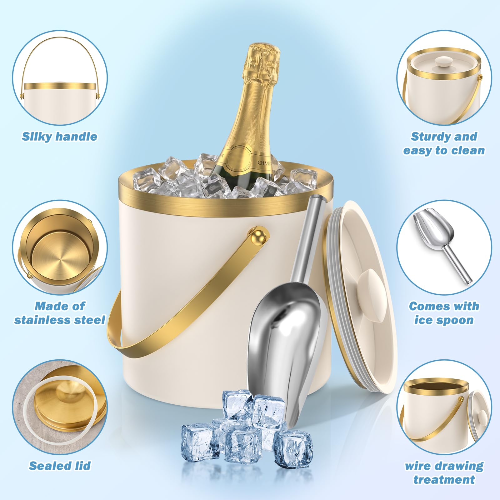 Seau à glaçons en acier inoxydable de 3 l, seau à glace avec couvercle et pelle, double paroi sans BPA, idéal pour refroidir la bière, le champagne et le vin (blanc/doré)