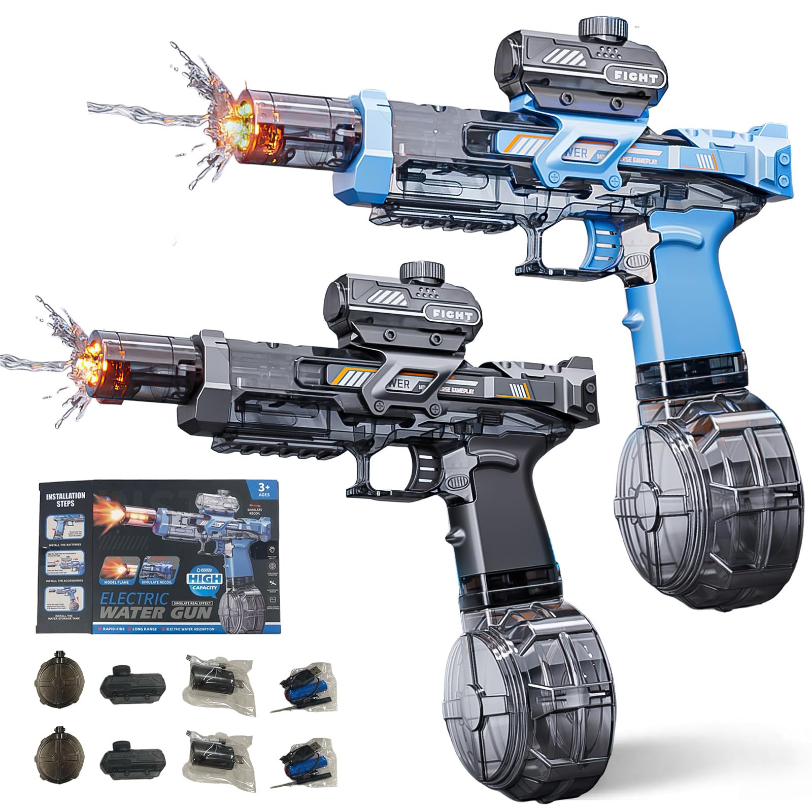 Electric Water Guns for Kids, LED Light & 25 FT Shooting Range, Large Capacity, Leak-Proof, Automatic Electric Water Blaster for Pool, Beach & Outdoor Water Fight Toys (Blue+Black)