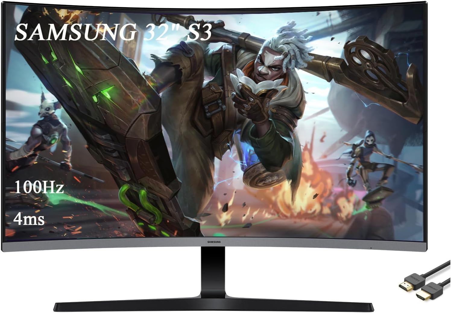 Samsung 32" Essential S3 Series FHD Curved Monitor, 1800R, Game Mode, 100Hz Refresh Rate, Game Mode, Eye Saver Mode, Black, with HDMI Cable