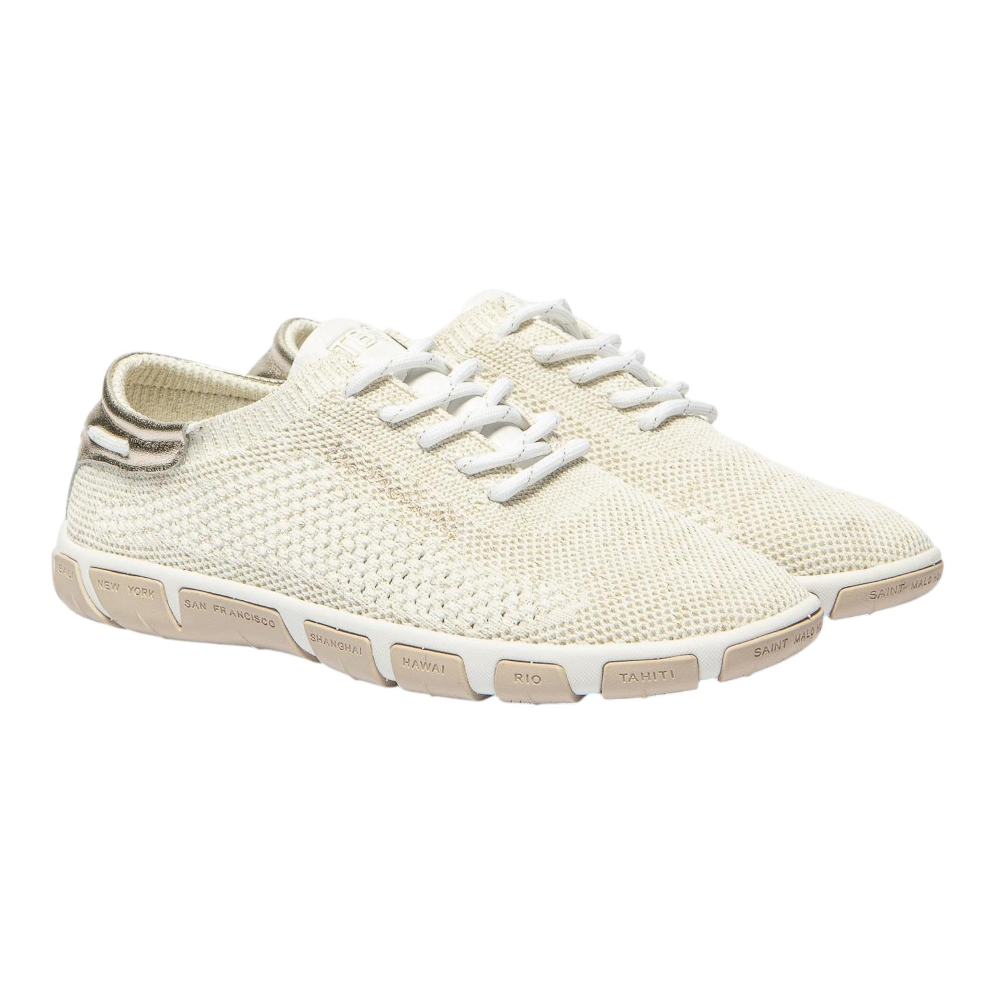 TBS Jazaria Segelschuh, Tennis Knit Eco PET, Chine Blanc + Gold, Wechselfußbett, H7L97 Weiß