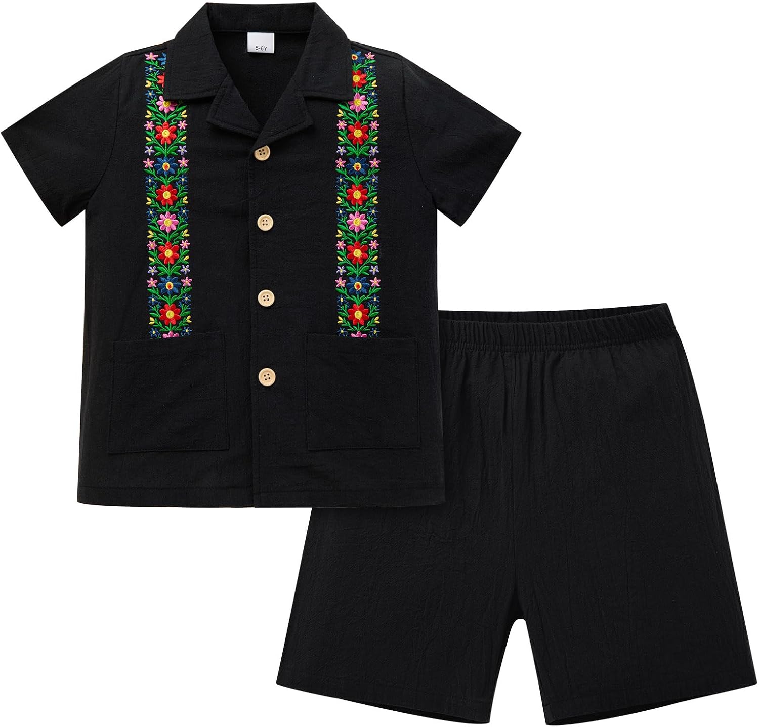 AWIBMK Boys Mexican Outfits Button-up Cotton Floral Embroidery Guayabera Shirt Shorts Set Fiesta Cinco De Mayo Clothes