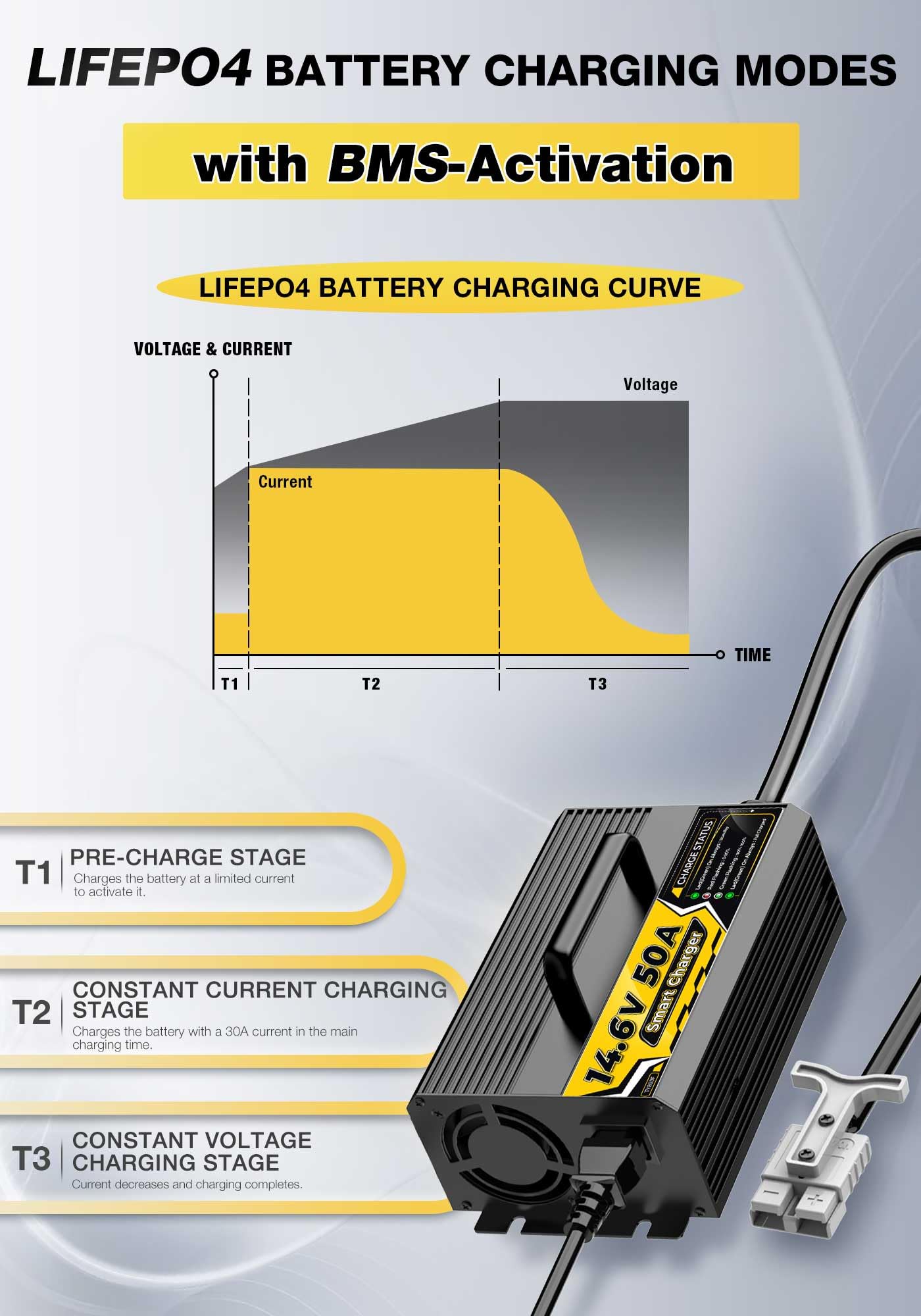 14,6V 50A Litio Cargador de Batería para 12V (12,8V) LiFePO4 Baterías, Diseño Compacto y Duradero con Protección Completa