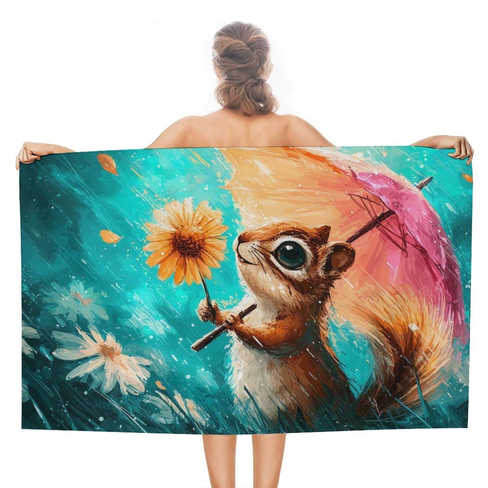 Serviette de plage serviette séchage rapide écureuil sous la pluie microfibre grand format 130x80cm