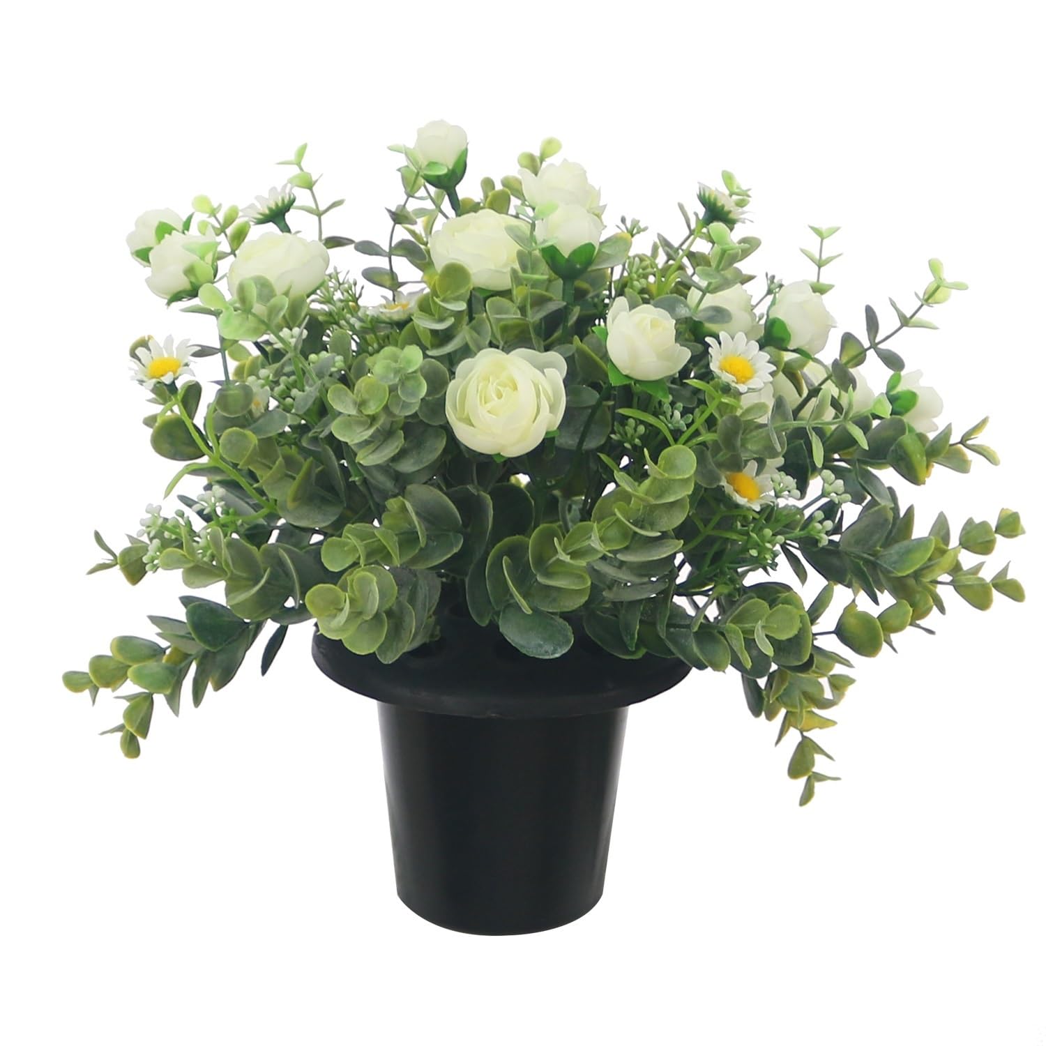 Cfy Memorials Cream Premium Artificial Grave Flowers – 25Cm Daisy With Ranunculus & Berry X16 | Memorial Vase Pot