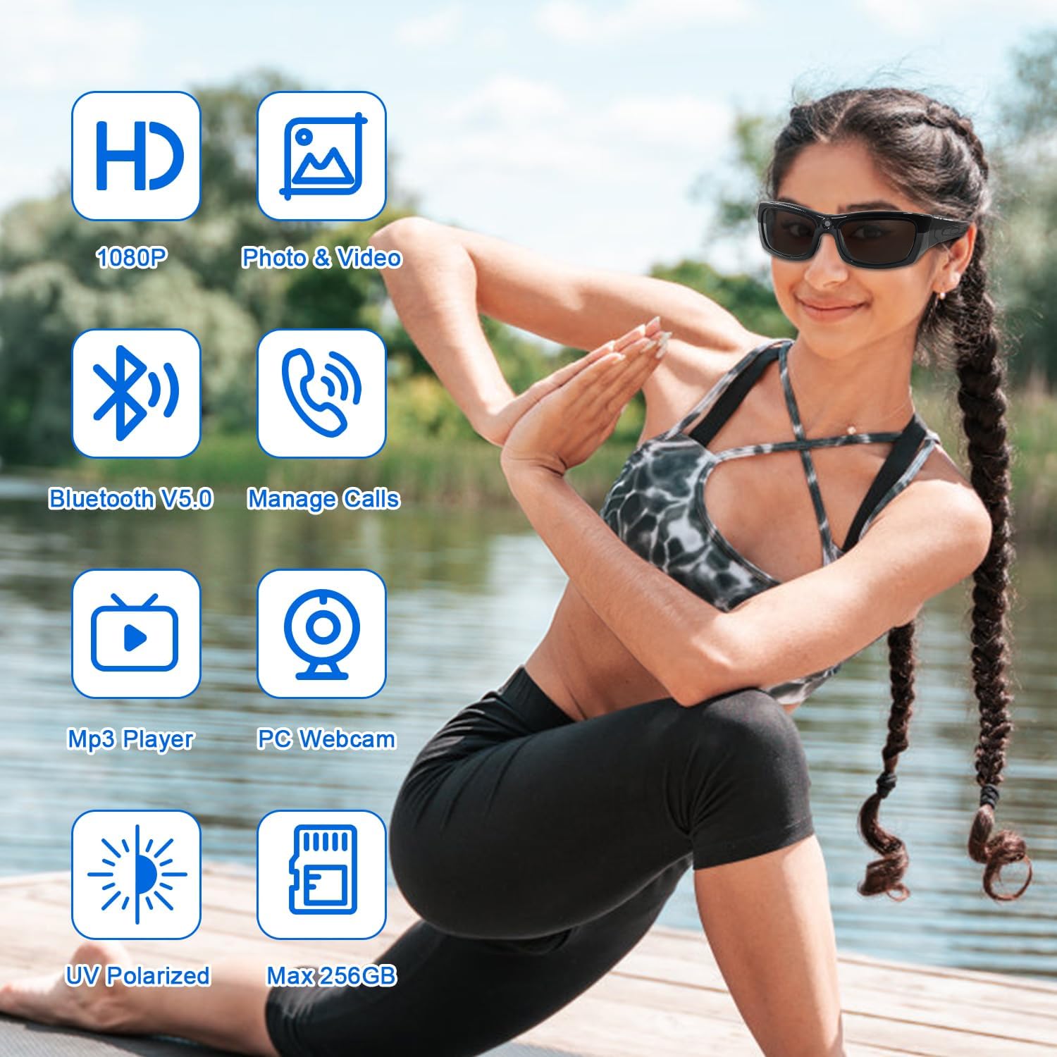 Camera Glasses HD 1080P Video Glasses Bluetooth Sunglasses Camera UV Protection Polarized Lens Sport Action Cam with Earphones for Travel, Cycling, Driving and Other Outdoor Sports