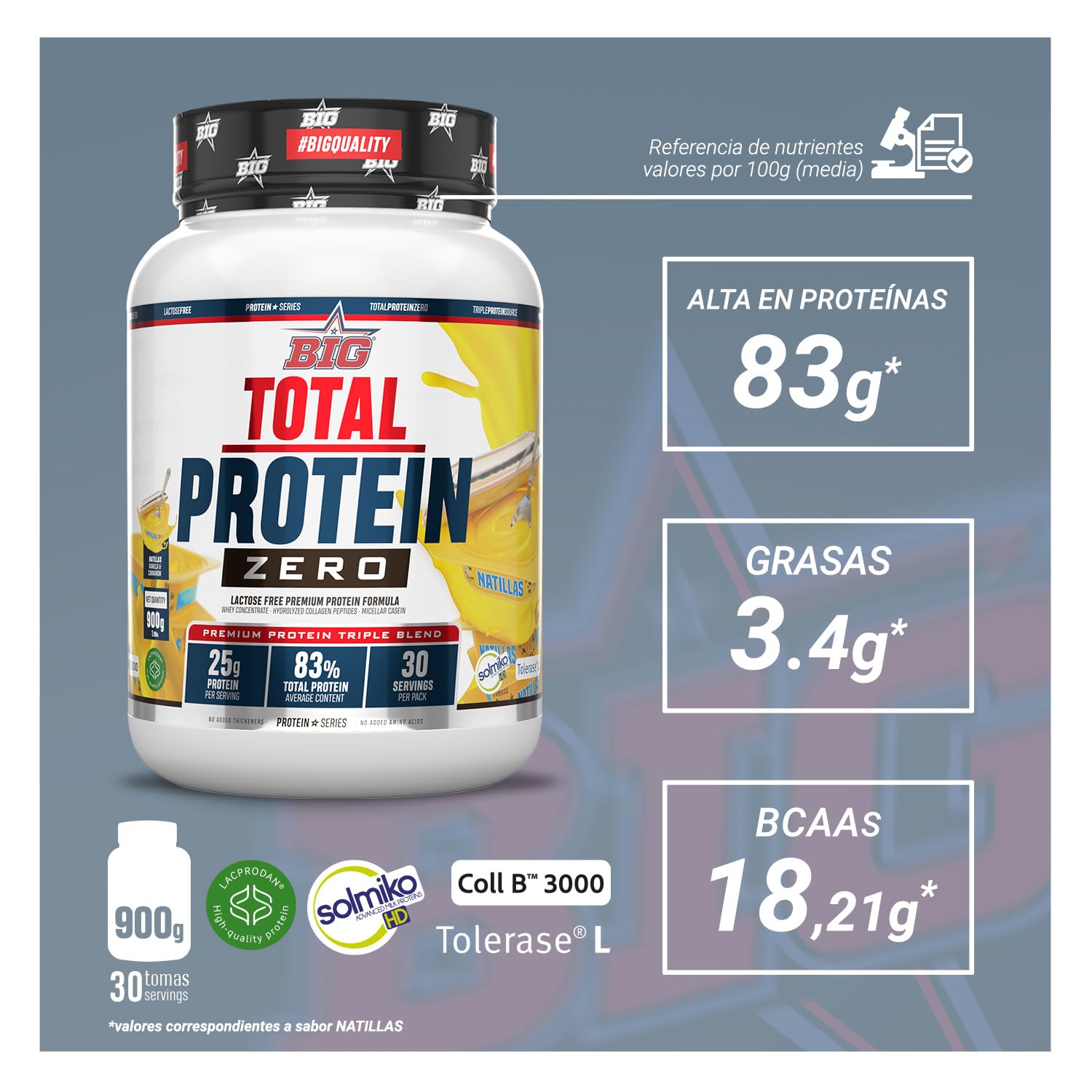BIG Total Protein Zero Proteína Whey Caseína Colágeno Natillas 900g