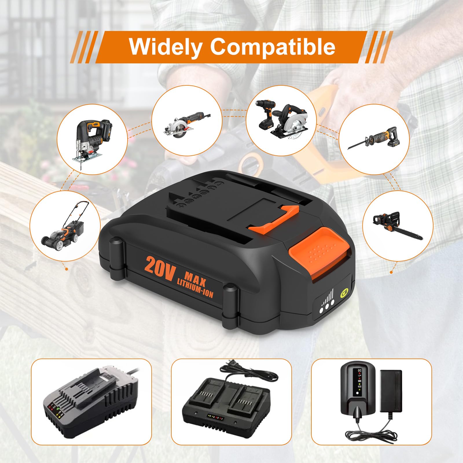 4.0Ah 2Pack 20V Battery Replacement for Worx Battery 20V WA3525 WA3520 WG151s WG251s WG255s WG540s WA3578 WG155s WG545s WG890 WG891 - 4