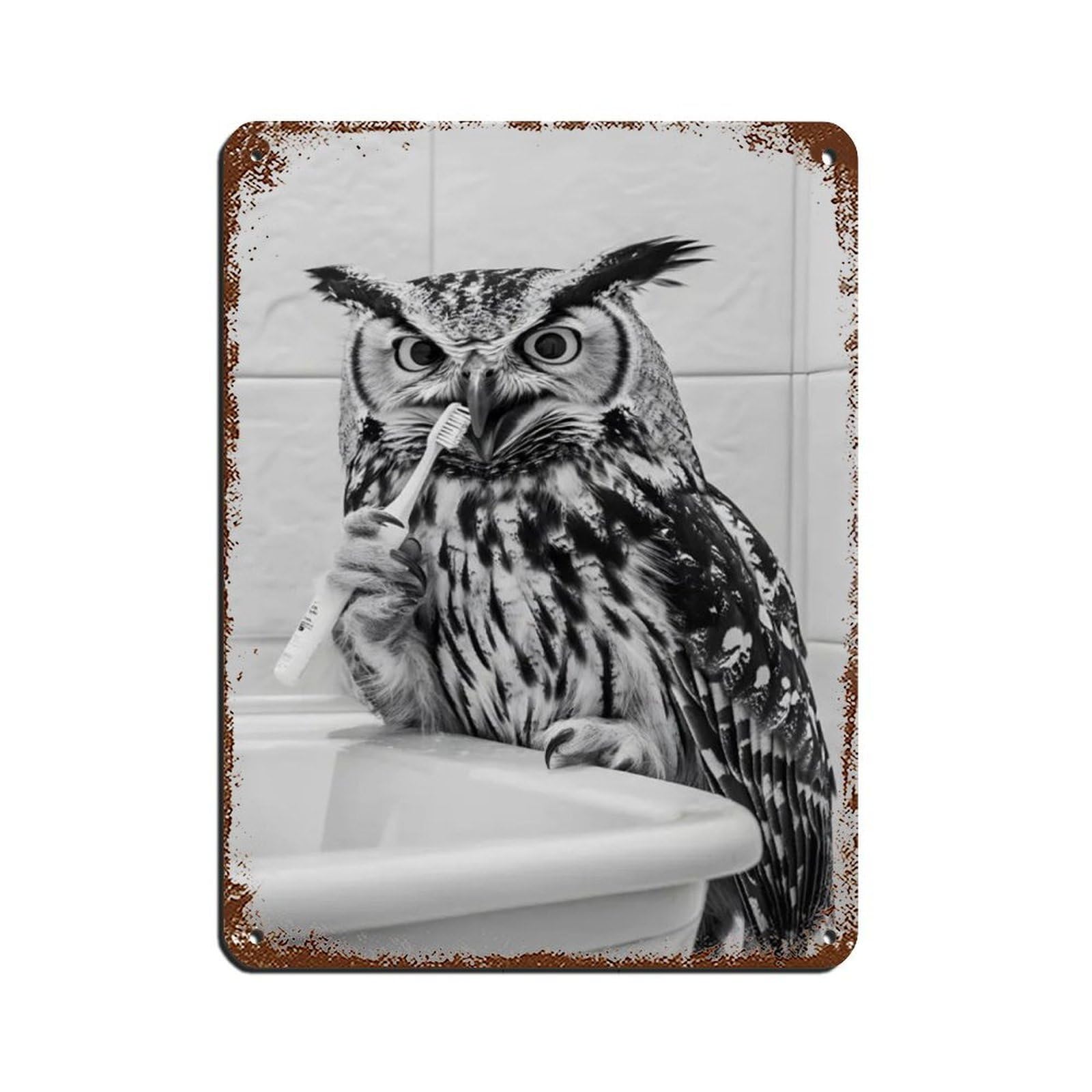 Owl Brushing Teeth, Funny Bathroom Art Retro Poster Metal Tin Sign Chic Art Retro Iron Painting Bar People Cave Cafe Family Garage Poster Wall Decoration 12x16inch(30x40cm)