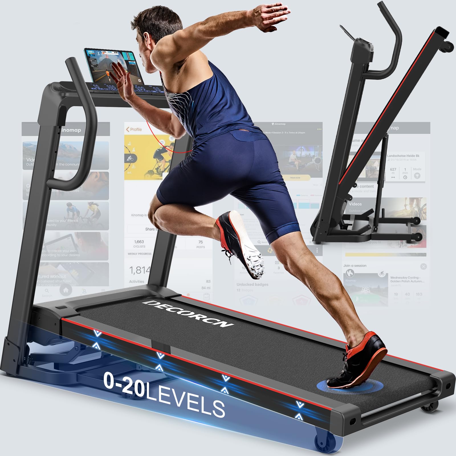DecorcnFolding Treadmill for Home, 7HP, 20 Auto Incline, 1km/h-18km/h, 180KG limited, Running Machine for Heavy People with APP, LED, Bluetooth Speakers, Silent Walking Pad