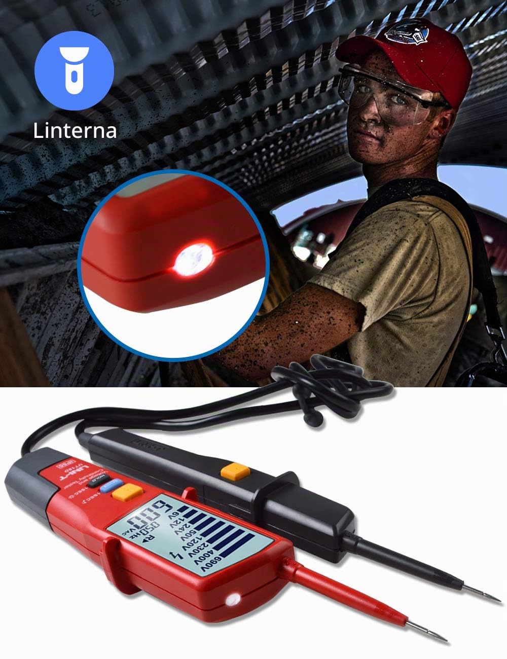 UT18D Comprobador de Tensión de Rango Automático, Impermeable Probador de Voltaje con Medición de Tensión CA/CC y Función de Prueba de Secuencia de Fases, Rango voltaje 12V~690V