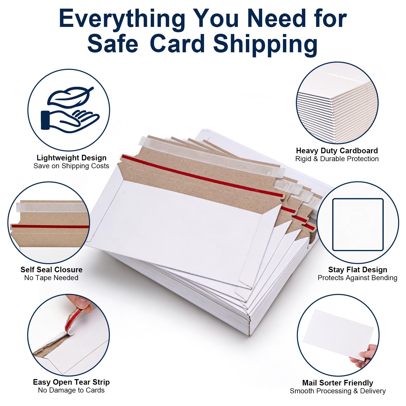 Lot de 50 enveloppes rigides blanches auto-adhésives pour cartes à collectionner - 22,9 x 30,5 cm - Enveloppes d'expédition en carton kraft semi-rigide et à chargement par le haut - Fournitures de