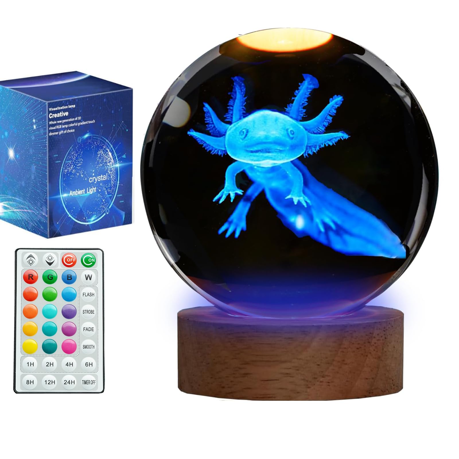 Posshe Boys Clear Axolotl Night Light, Axolotl Gifts, 3D Crystal Ball Axolotl Lamp With Remote 16 Color For Birthday Xmas Cool Upgraded 3.15 Inch Crystal Ball Axolotl Figurines Gifts For Room Decor Girls