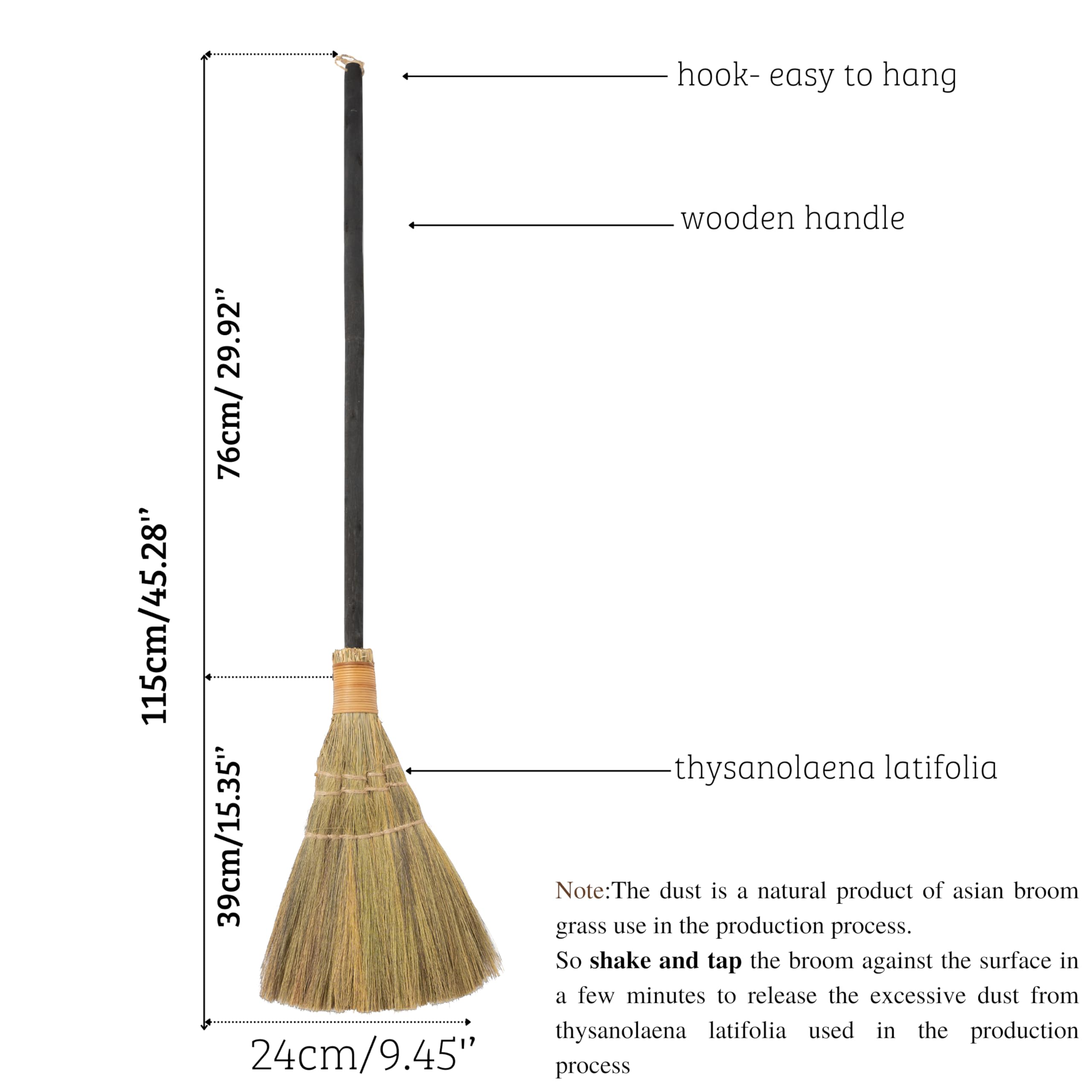 TTS For Home Vietnamese Straw Soft Black Broom for Cleaning with Long Handle Broom- Broom Decorative 9.45'' Width, 45.28