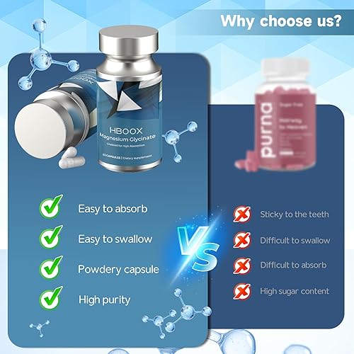 Miniatura 6 de HBOOX Suplemento quelatado de glicinato de magnesio, 60 cápsulas, fórmula de alta absorción para aliviar el estrés, apoyo a la presión arterial