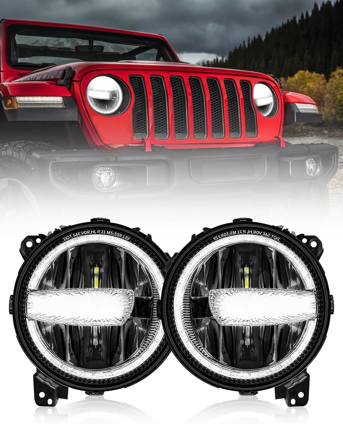 9 Inch LED Headlights Round Headlights Halo DRL Headlamps with SAE/DOT Approved Head Lamp Replacement Compatible with Jeep Wrangler 2018-2025 JL JLU Gladiator JT SUV (Instructions)