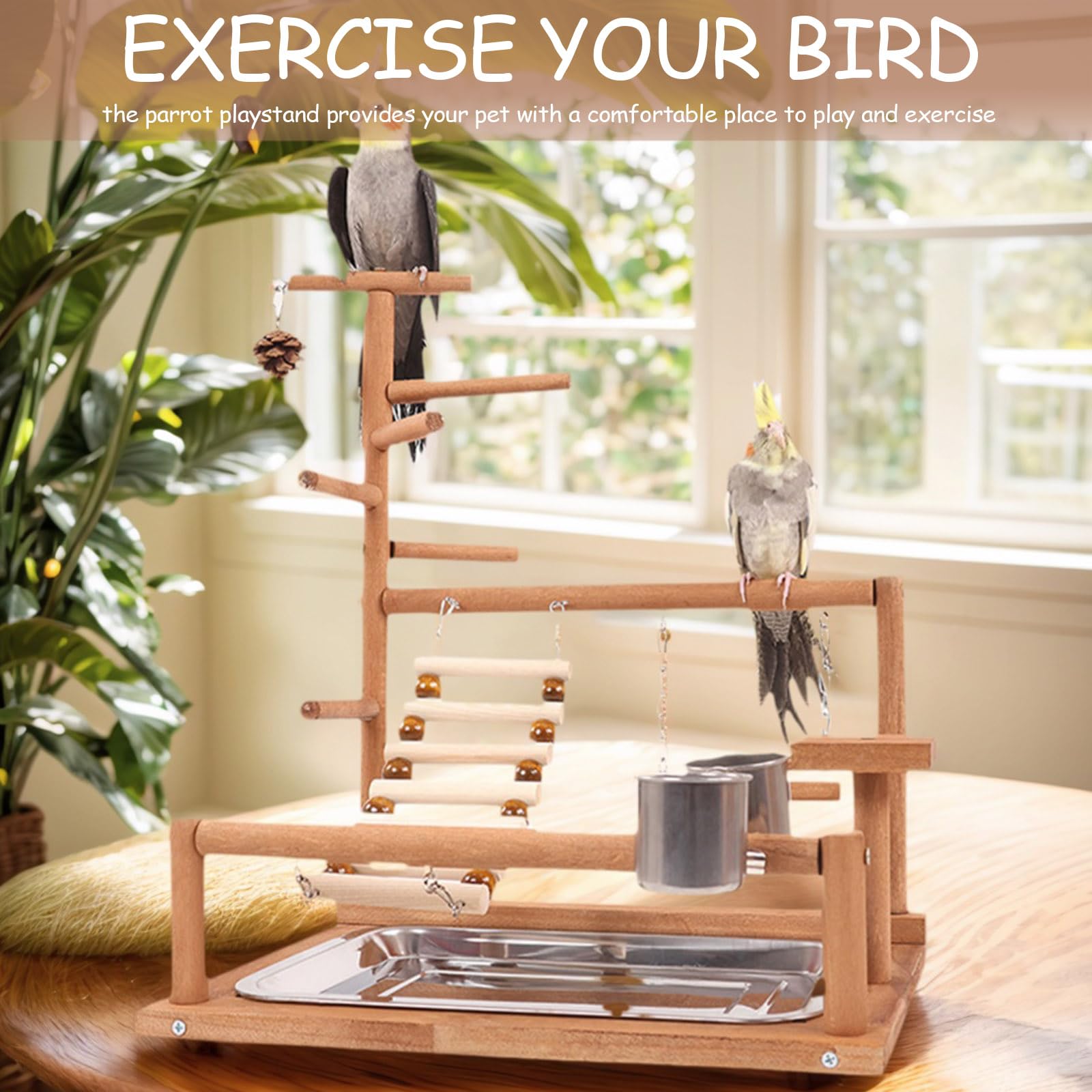 Aves Juego Stand - Bird Playground Puesto de Madera para Loros Aves Stand con Percha Escalera Columpio Comedero Bandeja y Juguetes de Gimnasio de Ejercicios para Pájaros Pequeños y Medianos