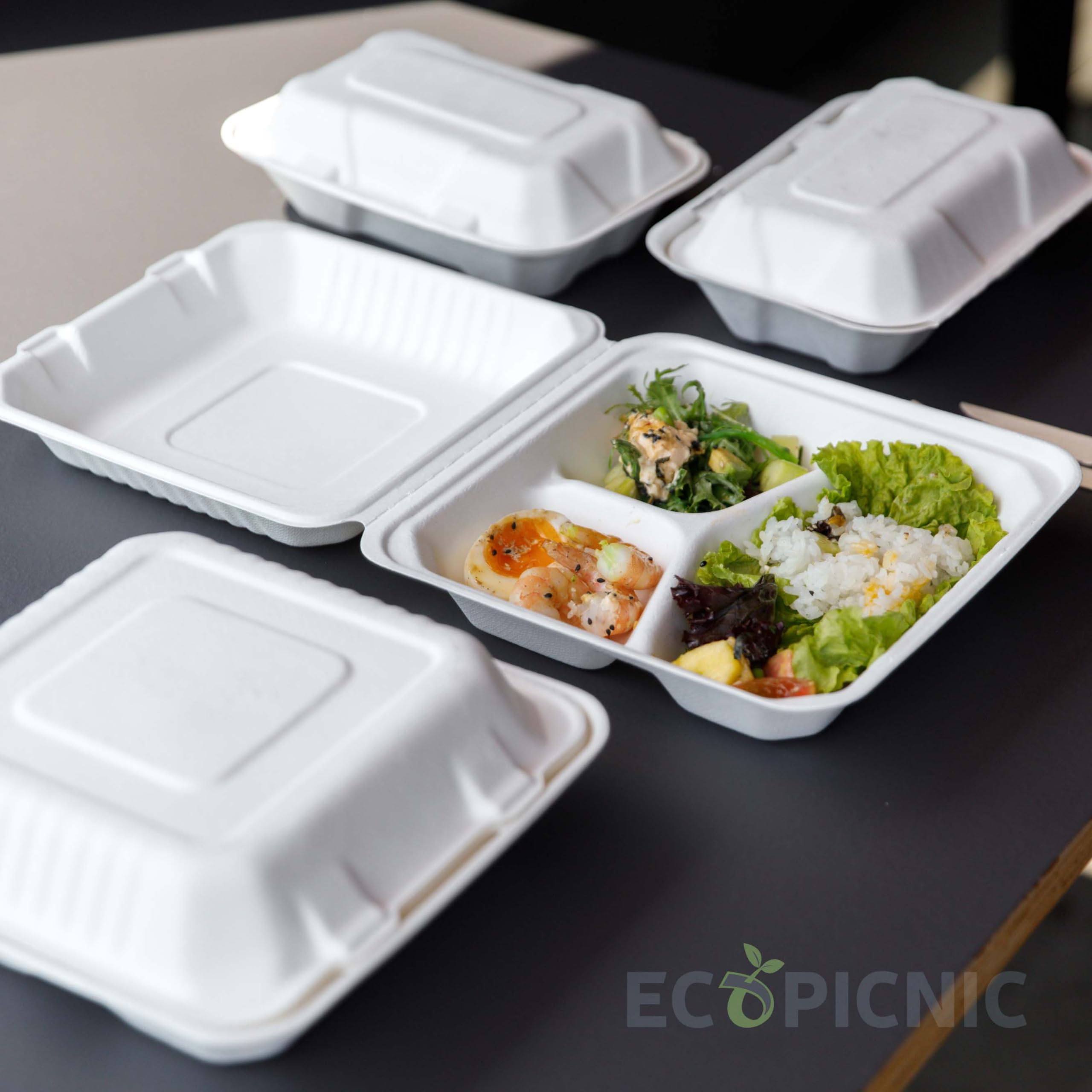 Menubox de Caña de Azúcar con 2 Compartimentos 240x162x61 mm 250 Unidades | Envase desechable Biodegradable para Comidas, Ideal para Llevar, con Compartimentos para Separar