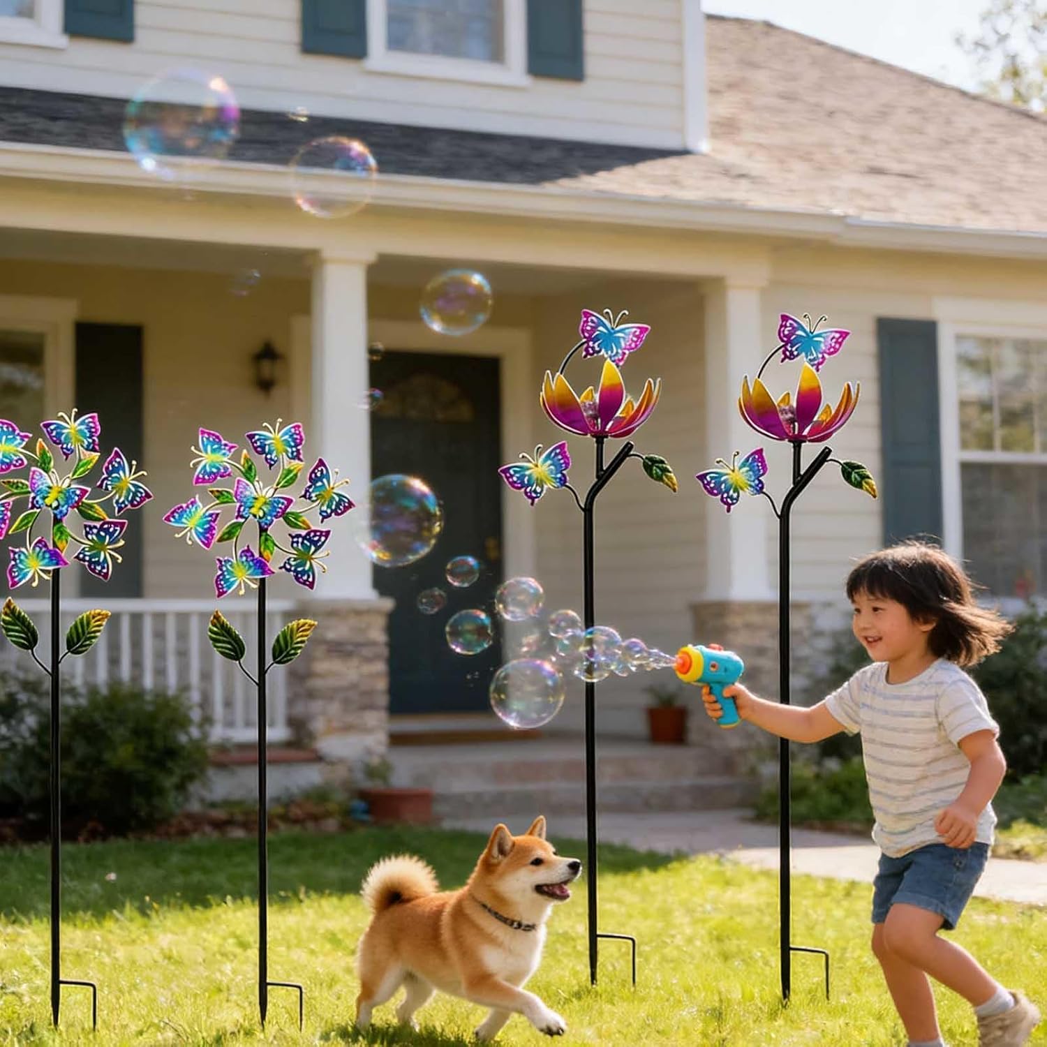 Wind Spinners, 117cm/46inch Outdoor Windmill 360° Wind with Kinetic, Butterfly Outdoor Windmill for Yard, Gift for Family Friends,B（2Packs）