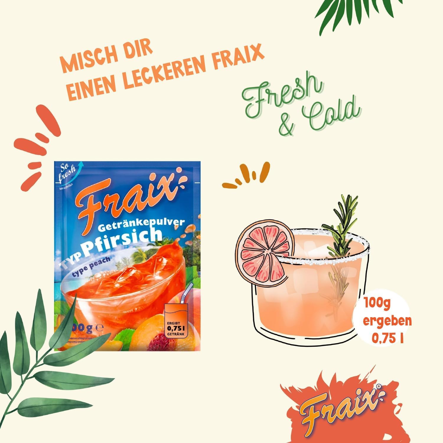 FRAIX Polvere per bevande, pesca, confezione da 150 pezzi (150 x 100 g), polvere istantanea di frutta con sapore di pesca, perfetta per viaggi, feste di compleanno
